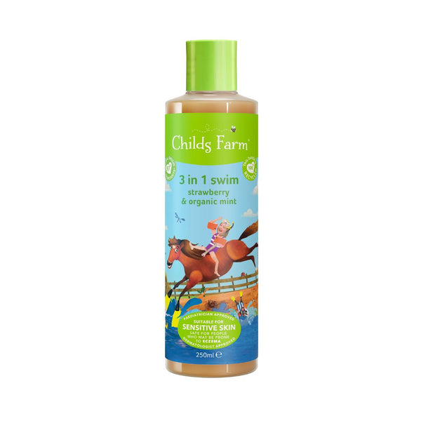 Childs Farm 3v1 Sprchovací gél, šampón a kondicionér po plávaní jahoda a mäta, 250 ml